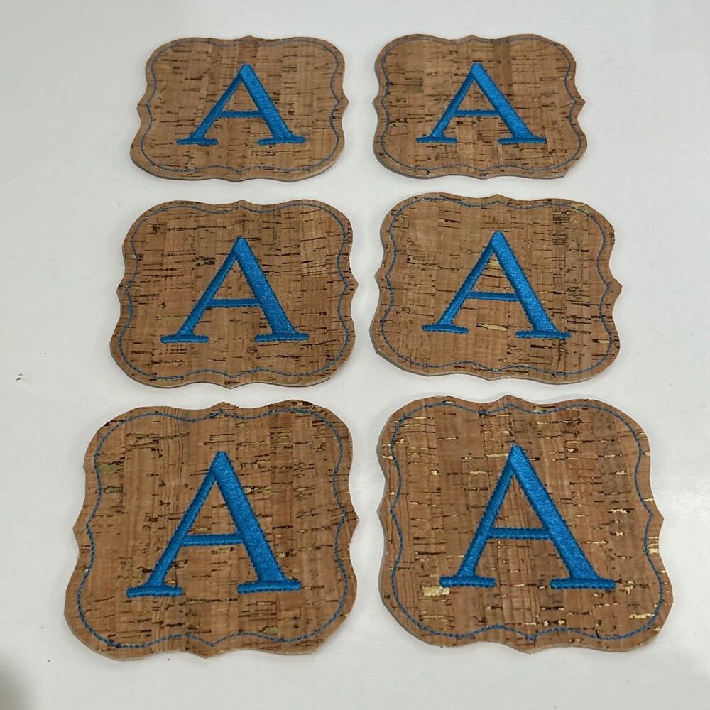 Handmade Embroidered Cork Coasters Monogram Blue Initial A Set of 6